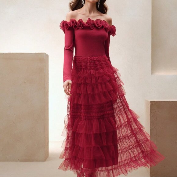 Red Chic Women's 3D Floral Long Sleeve V Neck Bodycon Party Dress - Picture 4 of 7